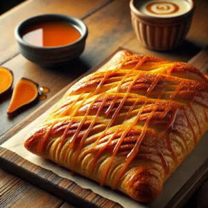 DALL·E 2024-11-15 20.50.28 - A freshly baked sweet potato puff pastry turnover with golden flaky crust and a drizzle of maple glaze, placed on a wooden table with a warm cozy atmo