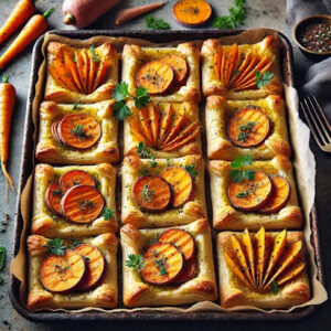 DALL·E 2024-11-15 20.51.53 - A tray of sweet potato puff pastry tarts with golden, crispy puff pastry crusts, roasted sweet potato slices, and herbs on top, arranged beautifully o