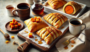 DALL·E 2024-11-15 20.49.06 - A horizontal image of sweet potato puff pastry turnovers placed on a wooden cutting board with a drizzle of maple syrup, served alongside a cup of cofee